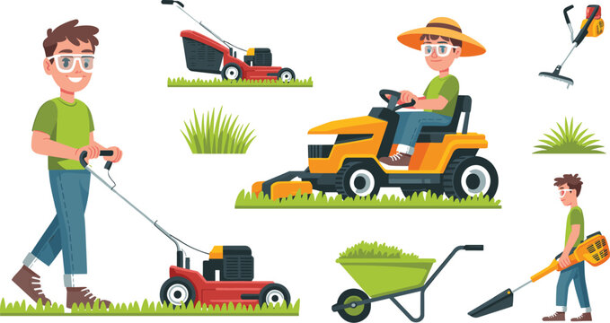 Lawn Mower and Garden Care Worker Vector Illustration Set Featuring Riding Mowers Leaf Blowers and Wheelbarrows for Landscaping Business Graphic Designs