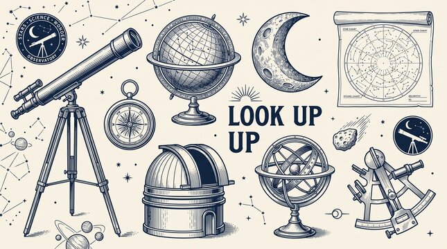 Vintage astronomy and celestial navigation collection, a detailed set of hand-drawn cosmic elements, including a telescope, globe, moon, and star charts