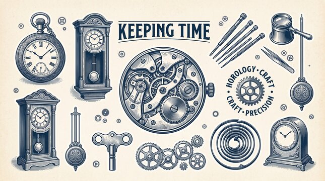 Vintage clockmaker horology set, antique clocks and watch mechanisms