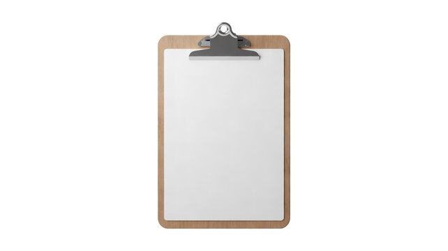 Wooden clipboard with a blank white paper sheet isolated on a clean white background surface