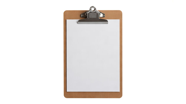 Wooden clipboard with a blank white paper sheet isolated on a clean white background surface