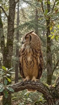 Majestic Great Horned Owl Perched in a Sunlit Forest