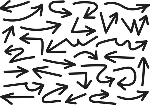 Set of hand drawn black arrows isolated on a white background for design and navigation
