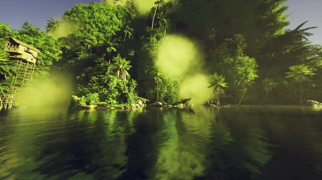 glassy lagoon with mirror reflections and soft floating highlights, calm water surface framed by dense green banks, minimal ripple patterns and luminous bokeh