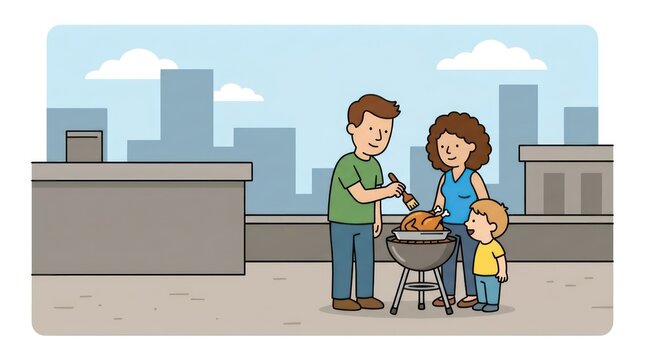Happy family grilling chicken on a rooftop with city view