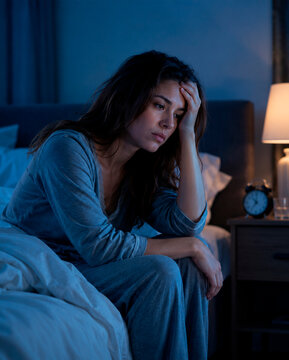 Tired woman awake at night struggling with insomnia