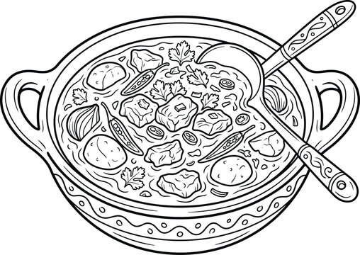 Vector illustration of traditional indian meat curry in a decorated bowl with ladle and herbs indian food soup bowl serving ladle spicy dish cooking pot recipe design kitchen art delicious mea