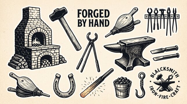 Vintage blacksmith equipment icon set, hand drawn forge anvil and metalworking tools vector illustration, rustic forged by hand craft design elements for branding and logos