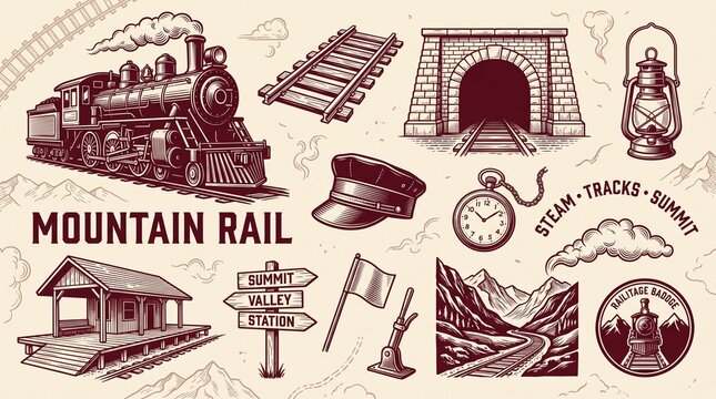 Vintage mountain rail illustration set with steam train locomotive, hand drawn heritage railroad elements set, retro train station graphic icons, antique railway design collection