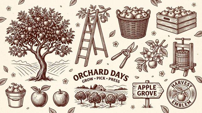 Vintage apple orchard harvest hand drawn engraved set, rustic farm apple grove elements with cider press and ladder, sepia woodcut fruit picking illustration set for autumn design branding