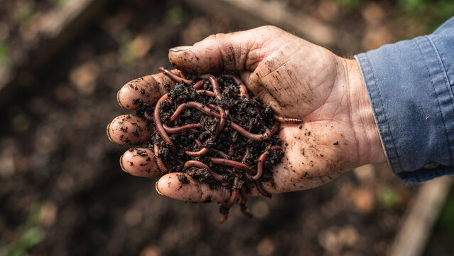 Farmer Holding Handful of Earthworms in Rich Composting Soil