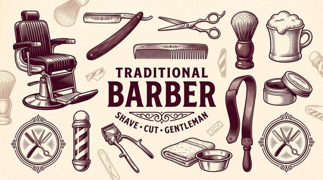Vintage traditional barber shop set with haircut tools and grooming icons, retro barbering elements illustration including straight razor and chair, classic gentleman haircut logo background
