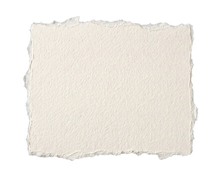 A square piece of textured off-white paper with rough torn edges isolated on a white background