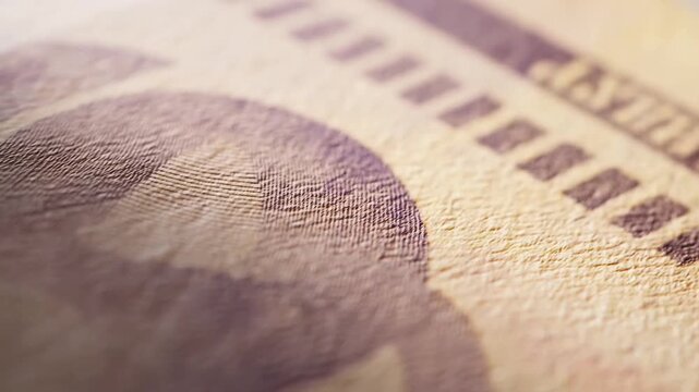 Extreme close-up of a printed banknote with an engraved portrait and fine security patterns in soft focus. Financial services advertising, banking presentations.