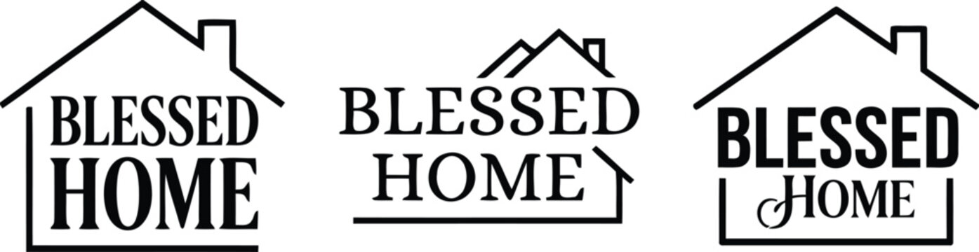 Three vintage style blessed home house shaped illustrations in a repeating pattern perfect for farmhouse decor and inspirational designs