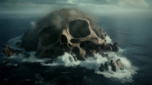 Skull-shaped rock formation rises from turbulent ocean waves in a dark fantasy seascape. Horror film trailers, fantasy game environments, and apocalyptic storytelling.