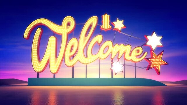 Illuminated welcome lettering brightens a star-decorated sign at twilight with shimmering reflections. Event opening graphics, party invitation, and festival promotion.
