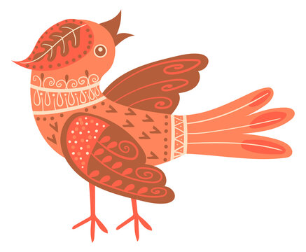 Songbird in folklore style. Decorative feather ethnic pattern