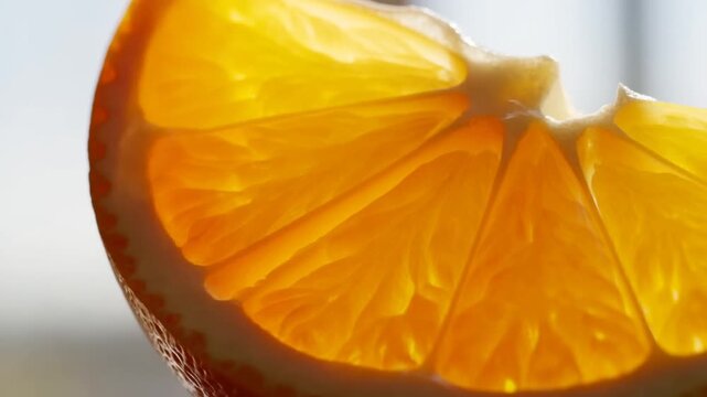 Juicy orange slice glistens in an extreme macro closeup with translucent pulp and textured peel. Food advertising, juice promotion, and nutrition education.