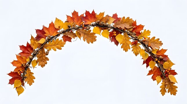 A vibrant autumn leaf garland arranged in an arch shape against a clean white background perfect for fall decorations
