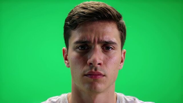 Young Man with Furrowed Brow Looking at Camera on Green Screen for Chroma Key Compositing