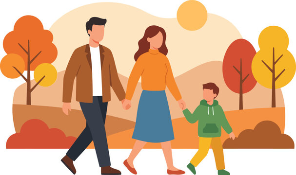 Flat Family Walking Together in Autumn Park Landscape Vector Illustration   