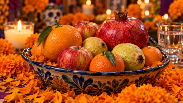 Fruit offering arranged on a D&iacute;a de Muertos altar with marigolds and candles. Day of the Dead ofrenda tradition. Mexican cultural heritage and remembrance. Seasonal celebration.