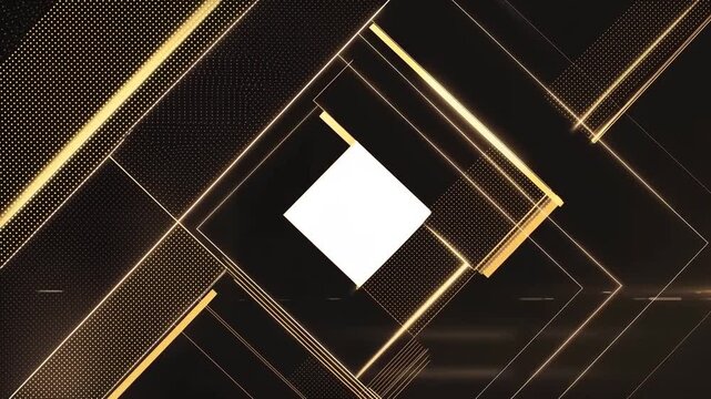 Geometric gold lines and glowing shapes shift across a black digital background. Corporate presentation opener, technology title sequence, and luxury branding.