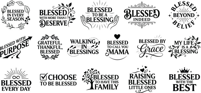 Collection of decorative religious and inspirational typography quotes featuring elegant lettering styles for greeting cards posters and various creative design projects