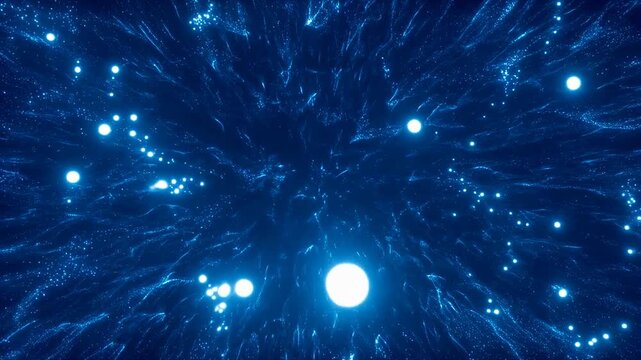 Glowing blue particles pulse and flow outward and inward across a dark abstract digital field. Animated texture shows particles and light points with flowing movement.
