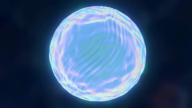 Glowing translucent sphere with rippling surface pulses gently against a dark background. Slow flowing ripple patterns create a soft glow effect in an abstract digital space environment.