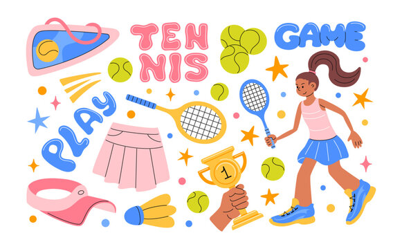 Pong sticker. Tennis sports. Player icon with prize racquet. Cap on court. Ball on court. Shoes for player. Badminton grid. Training and competition active game. Vector cartoon flat style isolated set