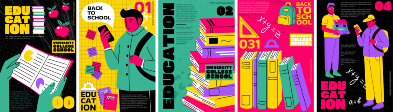 School abstract. Cover for student. University college. Poster design. Study flyer. Education graduate. Knowledge banner, promotion vector creative garish collage cartoon flat isolated illustration