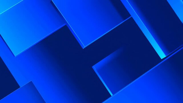 Animation of rotating and sliding blue 3D rectangular blocks on a dark gradient background. Animated backdrop combines soft glow with visible depth.