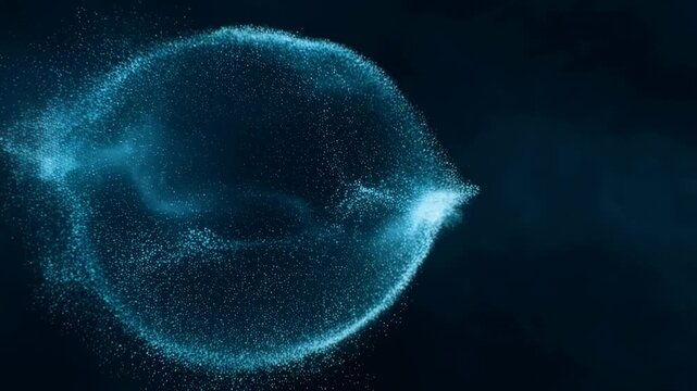 Blue particles flow and shift continuously to form a glowing sphere against a dark digital background. Flowing animated background for media, visual effects and abstract digital art.