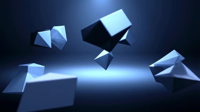 Multiple blue polyhedrons float and rotate slowly against a dark gradient background. Abstract animation features floating movement and luminous energy.