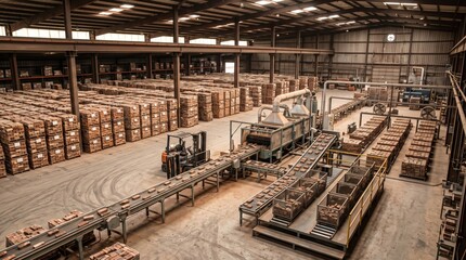 Fototapeta premium Industrial Brick Factory Warehouse with Automated Production Line and Logistics
