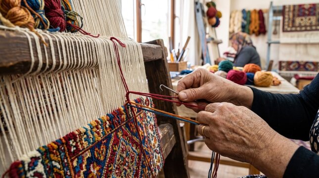 Detail of skilled hands weaving an intricate colorful rug on an authentic manual loom, tying yarn knots with a specialized hook tool in a craft workshop.
