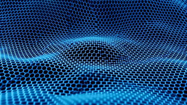 Blue hexagonal digital mesh grid undulates and flows over a dark background. Wave-like surface shifts continuously, creating a dynamic technology presentation backdrop.