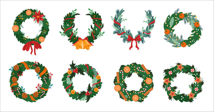 Christmas wreath. Door design of fir branch. Circle of xmas decor, seasonal ornament. Bauble with ribbon, flower. Winter holiday decoration vector tidy festive cartoon flat style isolated illustration