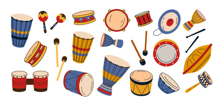 Ethnic percussion. Traditional drum of culture. Tribal djembe with bongo. Gong, maracas, tambourine. Folk instrument for sound. World music. Vector tidy cartoon flat style isolated illustration set