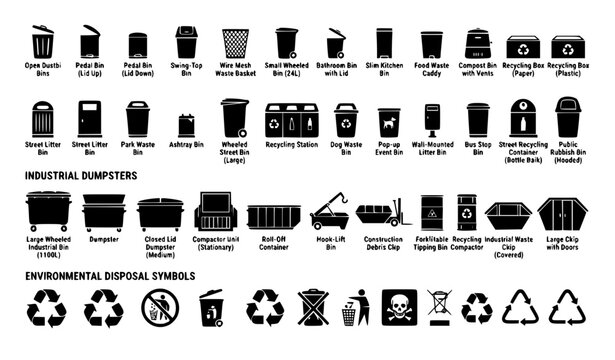 Complete Trash Garbage Rubbish Bin Waste Disposal Black Vector Icon System