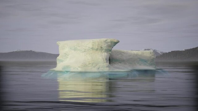 Minimalist Antarctic iceberg with blue glow, flat calm water and soft light, distant shoreline and subtle turquoise undercut, composition emphasizes texture,