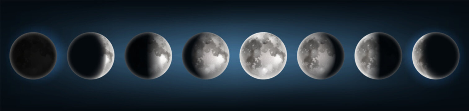 Moon phase. Crescent with full, half panorama. New glow of night. Waning waxing quarter cycle. Dark sky light. Realistic lunar. Light sky. Vector isolated illustration, infographic astronomy concept