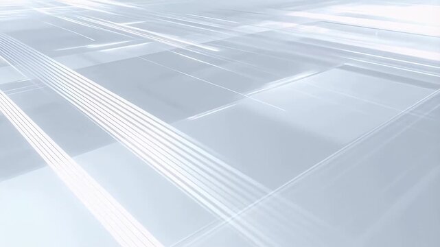 Smoothly flowing abstract light lines and translucent grid planes shift across a pale background. Animated scene combines lines and planes with glowing light.