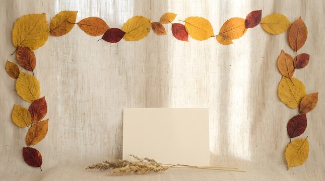 A vibrant autumn garland crafted from an array of colorful fallen leaves gracefully adorns a doorway offering a welcoming seasonal embrace