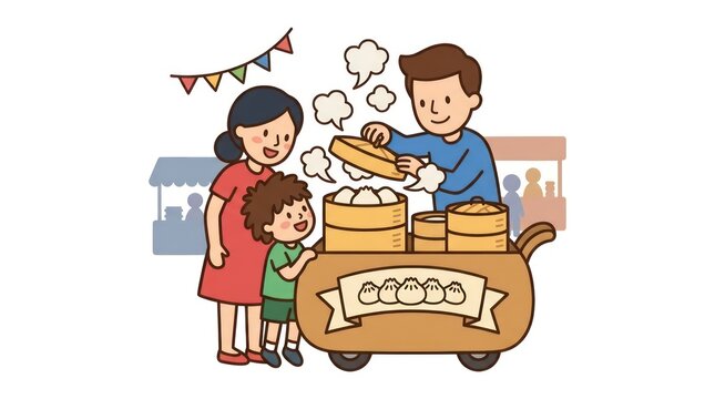 Happy family buying steaming dim sum from a street food vendor cart