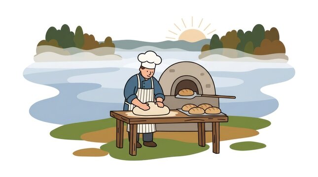Artisan baker preparing dough outdoors with traditional stone oven