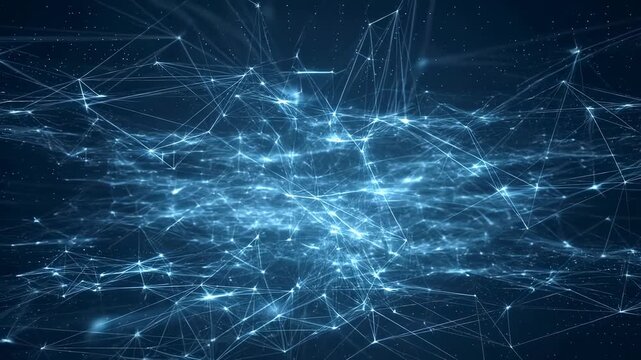 Glowing blue nodes pulse and connect with shifting white lines across a dark digital network mesh. Animated texture shows points of light and thin lines with pulsing motion.