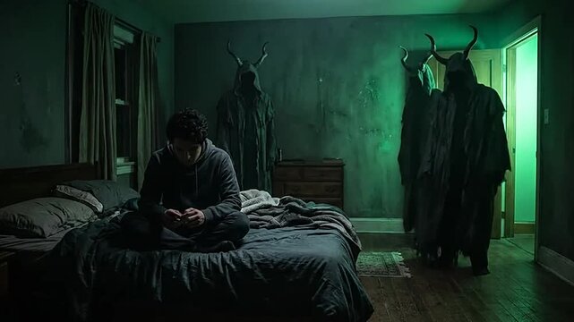 Man sitting on bed haunted by hooded demonic figures